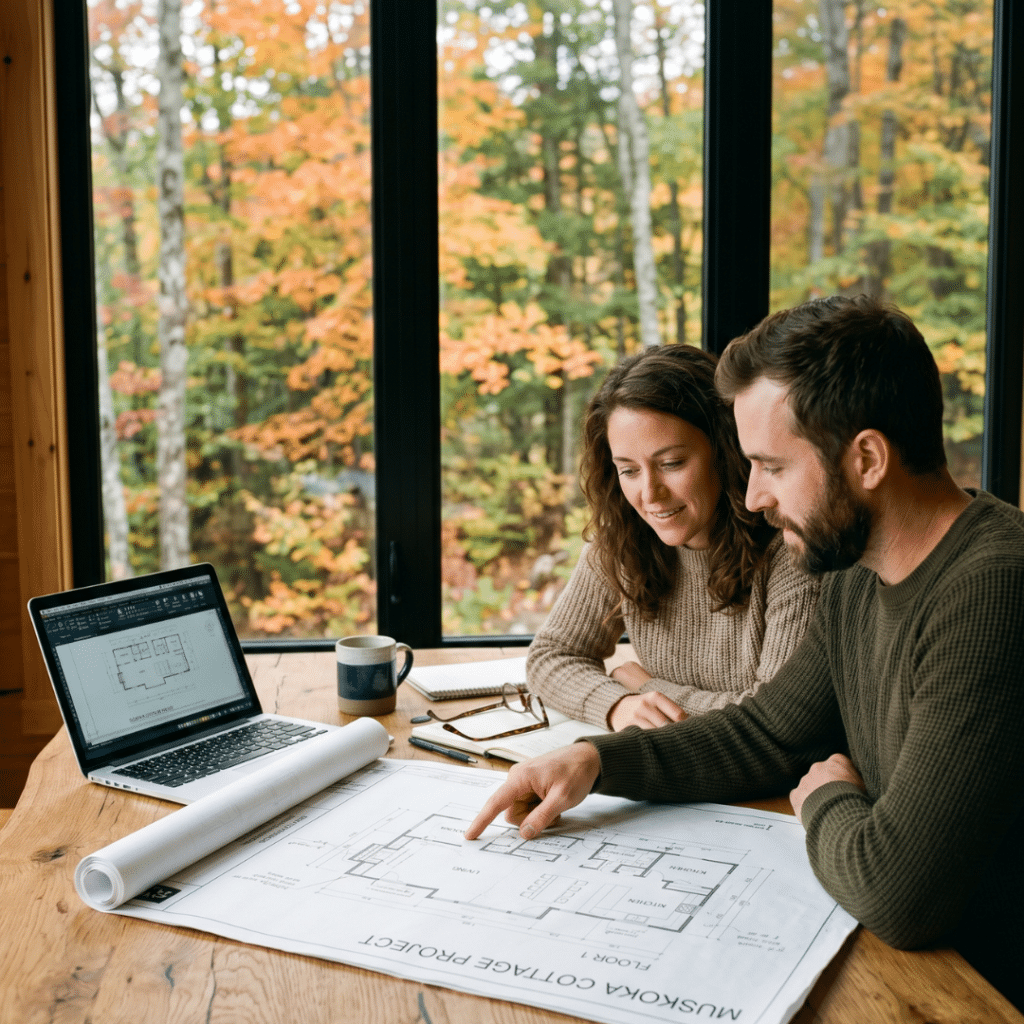 Affordable prefab homes Muskoka consultation showing couple reviewing floor plan and site assessment documents at planning stage with Muskoka forest treeline visible through window representing pre-build decision process