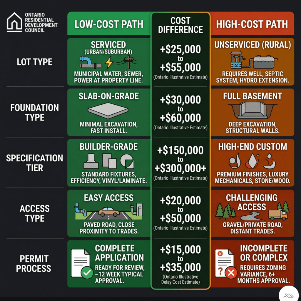 Affordable prefab homes Muskoka infographic showing five affordability decision levers including lot type foundation type specification tier access type and permit timing with low-cost and high-cost paths and cost differences