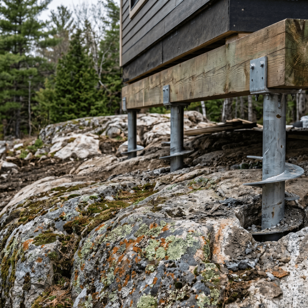 Affordable prefab homes Muskoka helical pier foundation installation into Canadian Shield granite bedrock showing steel screw piles and structural beam base demonstrating cost-effective alternative to full basement 2026