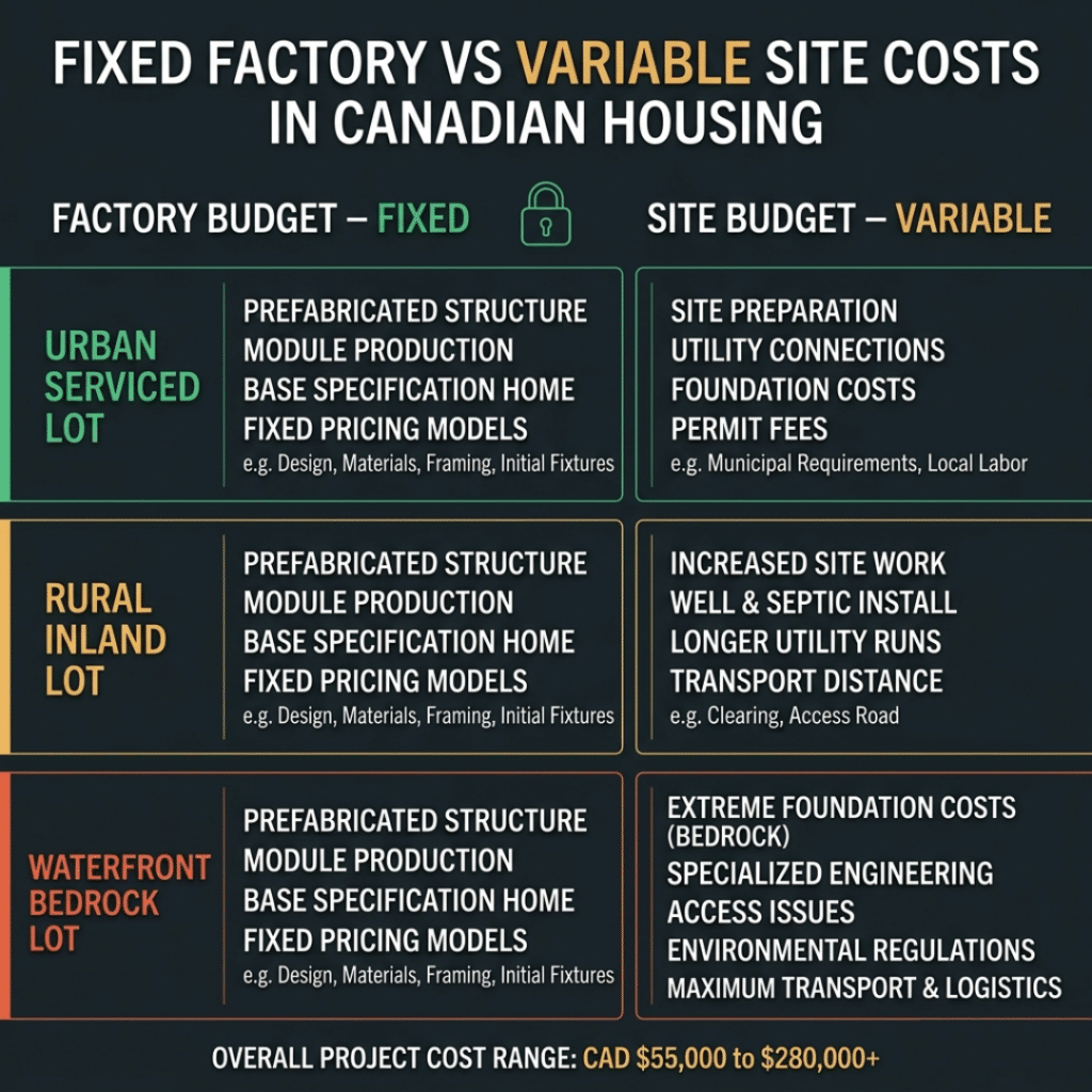 Affordable prefab homes Muskoka infographic showing fixed factory budget starting from CAD $229500 compared to variable site budget by lot type including urban serviced rural inland and waterfront bedrock costs up to CAD $280000 plus 2026