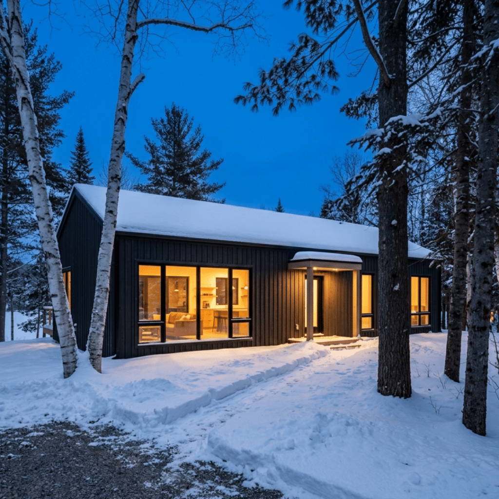 Affordable prefab homes Muskoka winter exterior showing snow-covered roof cleared walkway to entry and warm interior light through large windows demonstrating four-season durability in Climate Zone 6 conditions