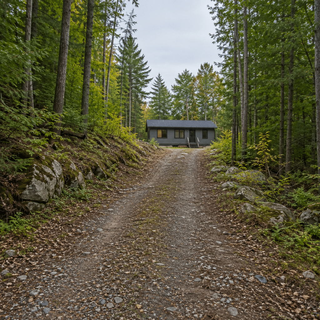 Cottage builders Gananoque: completed prefab cottage at the end of a rough treed private approach near Gananoque, Ontario