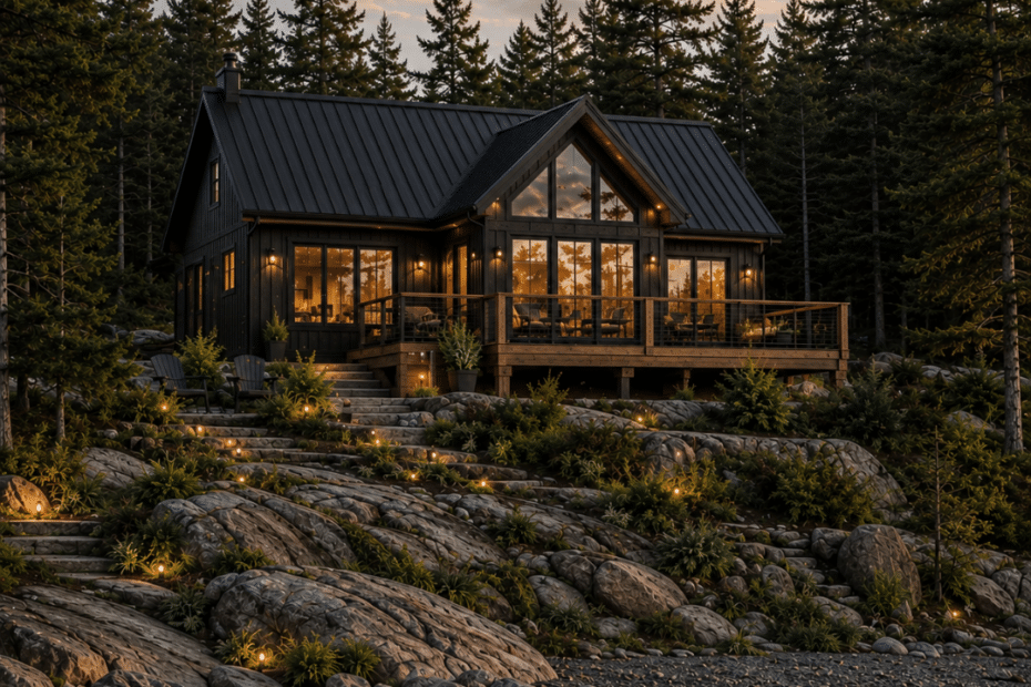 Modern waterfront prefab cottage near Gananoque with dark siding, large windows, warm wood accents, landscaped rock and a wooded shoreline