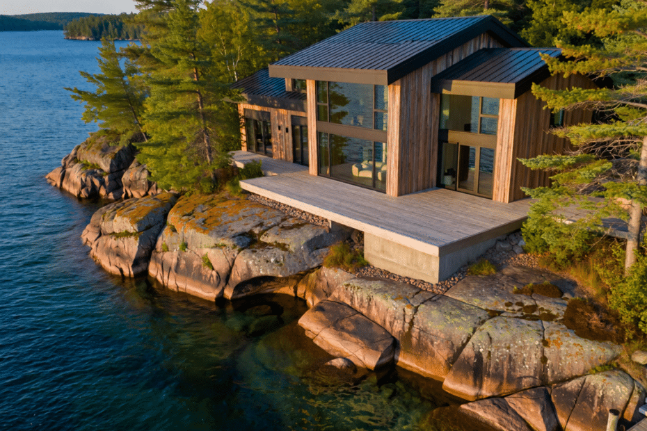 Custom waterfront cottage built by cottage builders in Gananoque on a rocky shoreline overlooking the Thousand Islands and St. Lawrence River