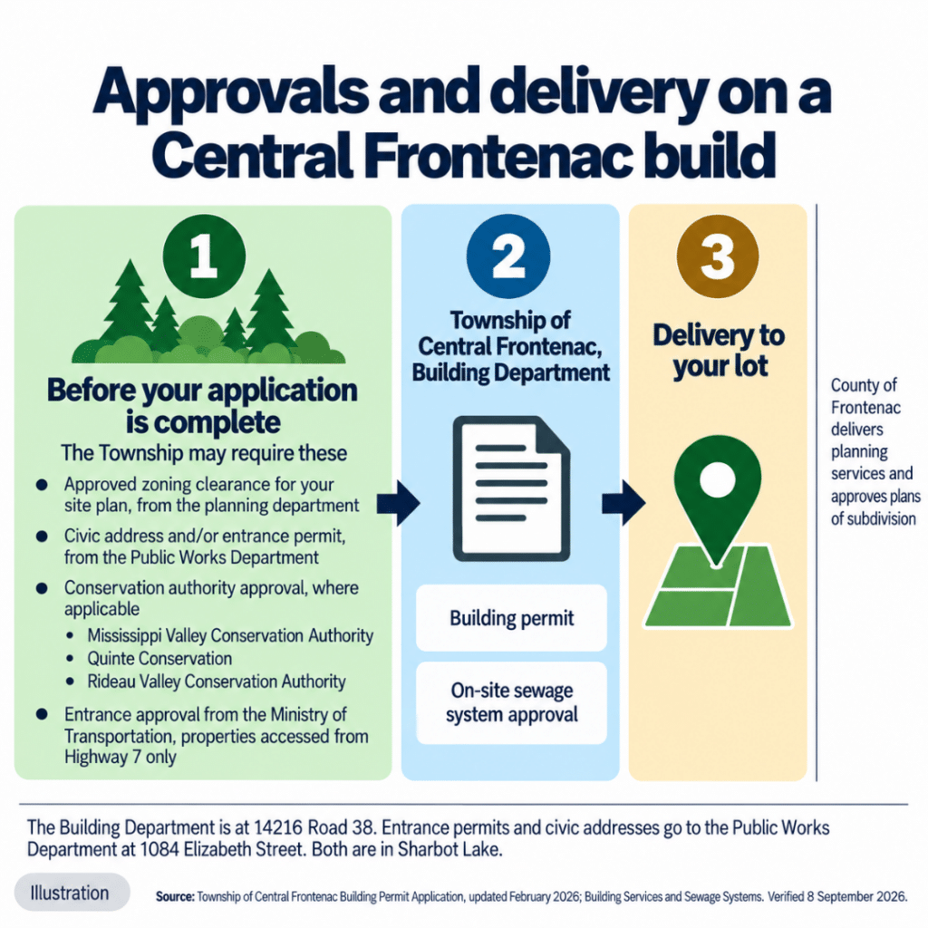 Illustration of the Central Frontenac cottage approval sequence, from pre-application zoning and access approvals through the building permit and sewage system approval to delivery.