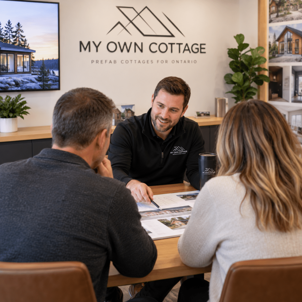 A My Own Cottage consultation in progress at the company’s facility in Orillia, with staff reviewing a buyer’s lot details.