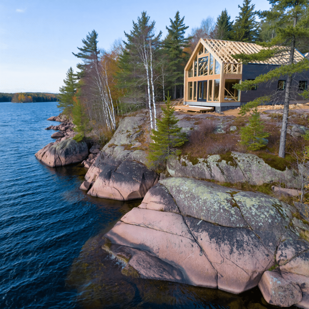 Cottage builders Sharbot Lake working on a waterfront construction site in Frontenac County with exposed bedrock and shoreline terrain