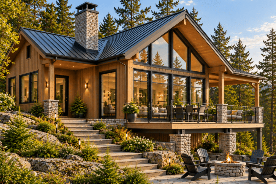 Cottage builders Sharbot Lake – wood-clad cottage design with large windows, stone chimney and deck on a rocky, forested lot.