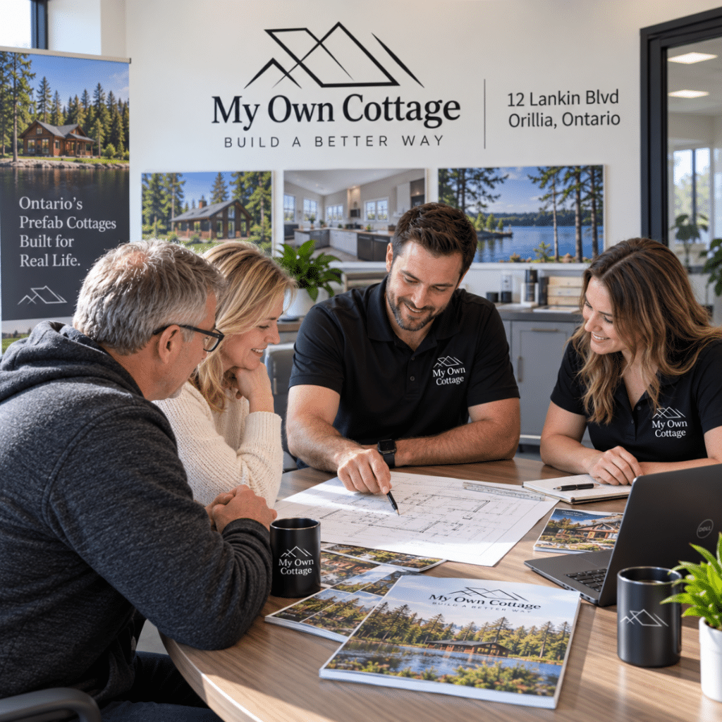 Two My Own Cottage staff reviewing a cottage project with prospective buyers at the company facility in Orillia, Ontario