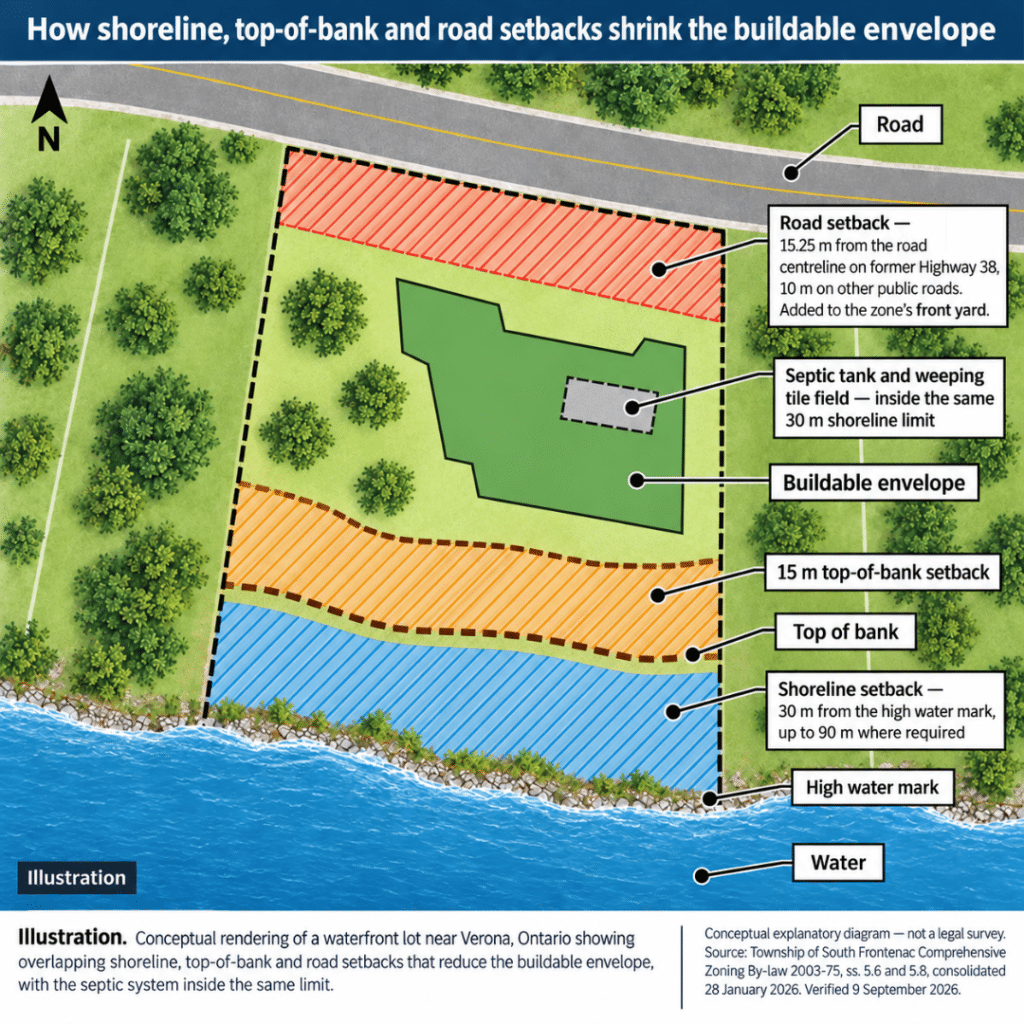 Illustration of a waterfront lot near Verona, Ontario showing overlapping shoreline, top-of-bank and road setbacks that determine the buildable envelope and septic area