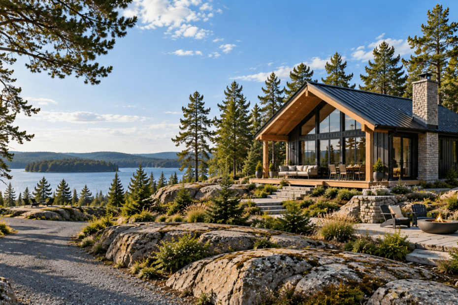 Cottage builders Verona – modern cottage design with dark siding, timber accents and stonework on a rocky, forested waterfront lot.