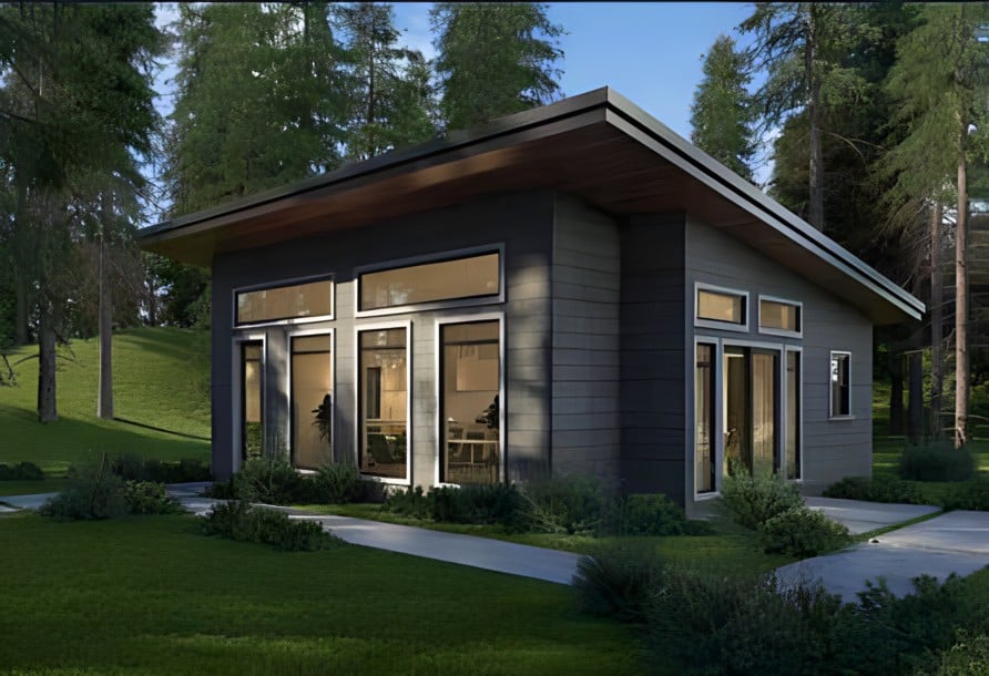 Lake View prefab home Bracebridge Ontario 741 square feet compact entry-level 1 bedroom 1 bathroom model with large window and partial lake view on rural Muskoka lot 2026