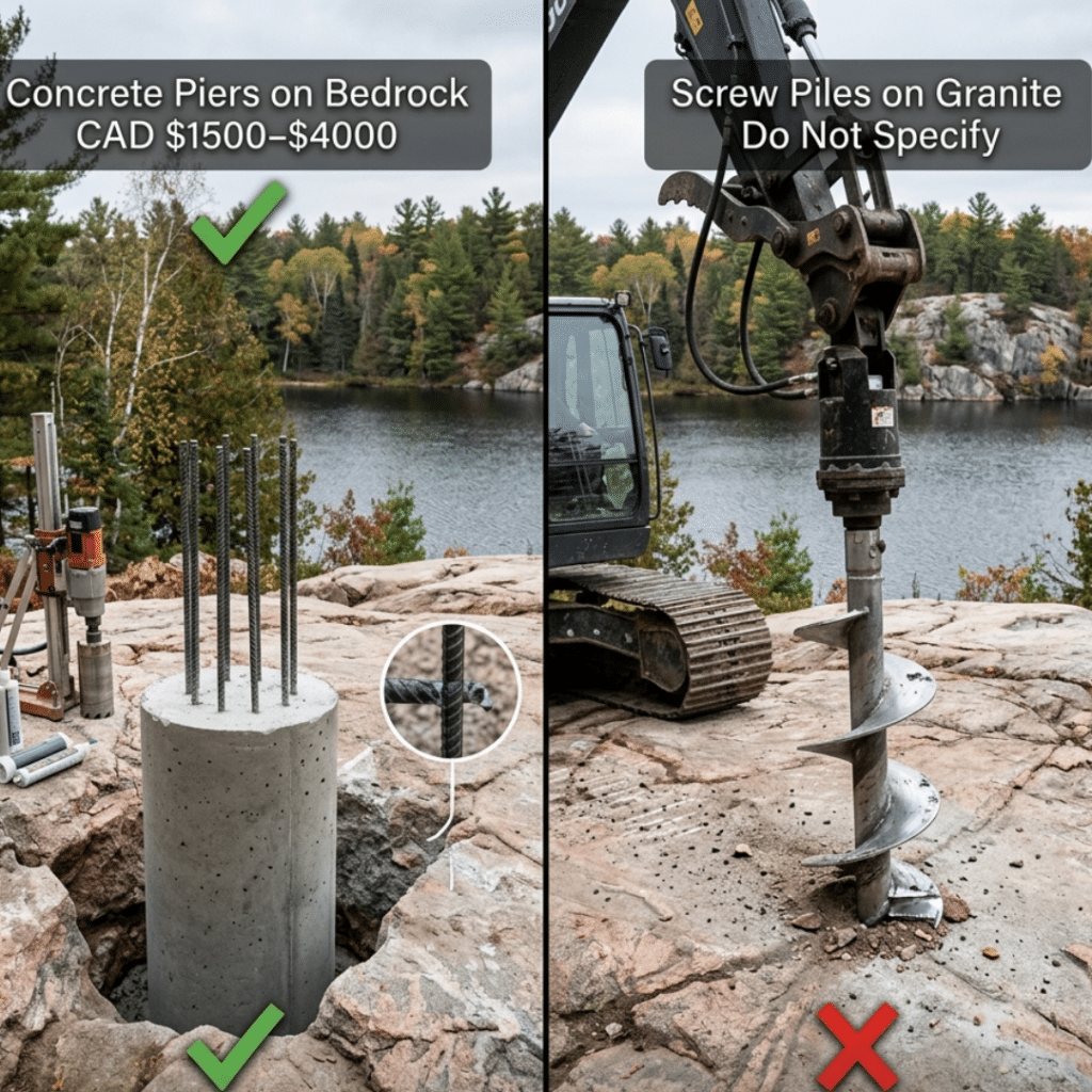 Prefab bunkie Muskoka foundation comparison showing concrete pier with rebar epoxied into Canadian Shield granite bedrock versus screw pile auger failing to penetrate solid granite with cost ranges 2026