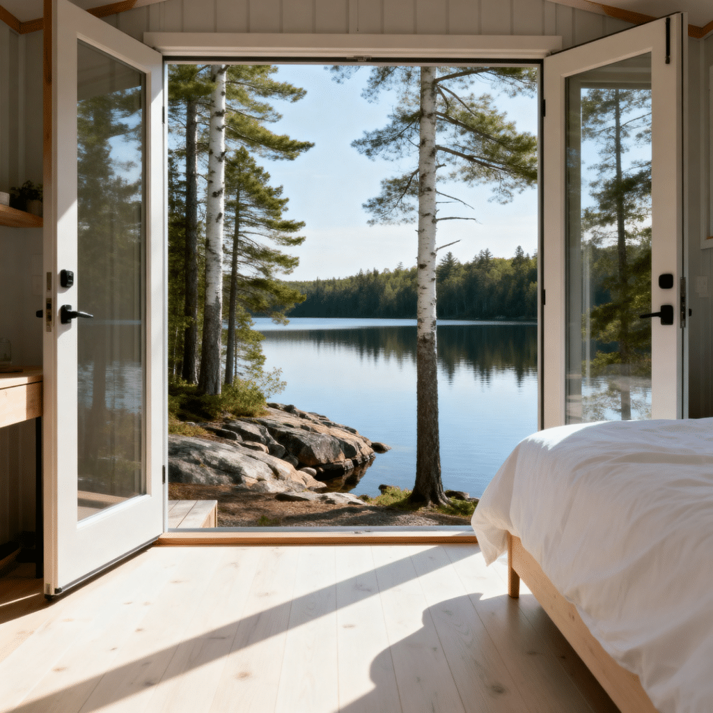 Prefab bunkie Muskoka interior 10x10 sleeping cabin with white oak flooring and double doors open to lake view showing natural light compact layout summer morning 2026