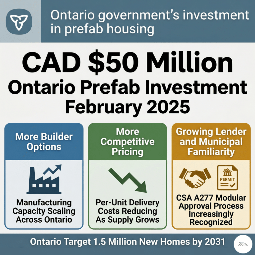 Prefab home builders Ontario CAD $50 million Ontario provincial government prefab investment February 2025 showing factory-built housing policy priority expanding modular home manufacturing capacity reducing per-unit delivery costs and increasing builder competition across Ontario for 2026 prefab home buyers
