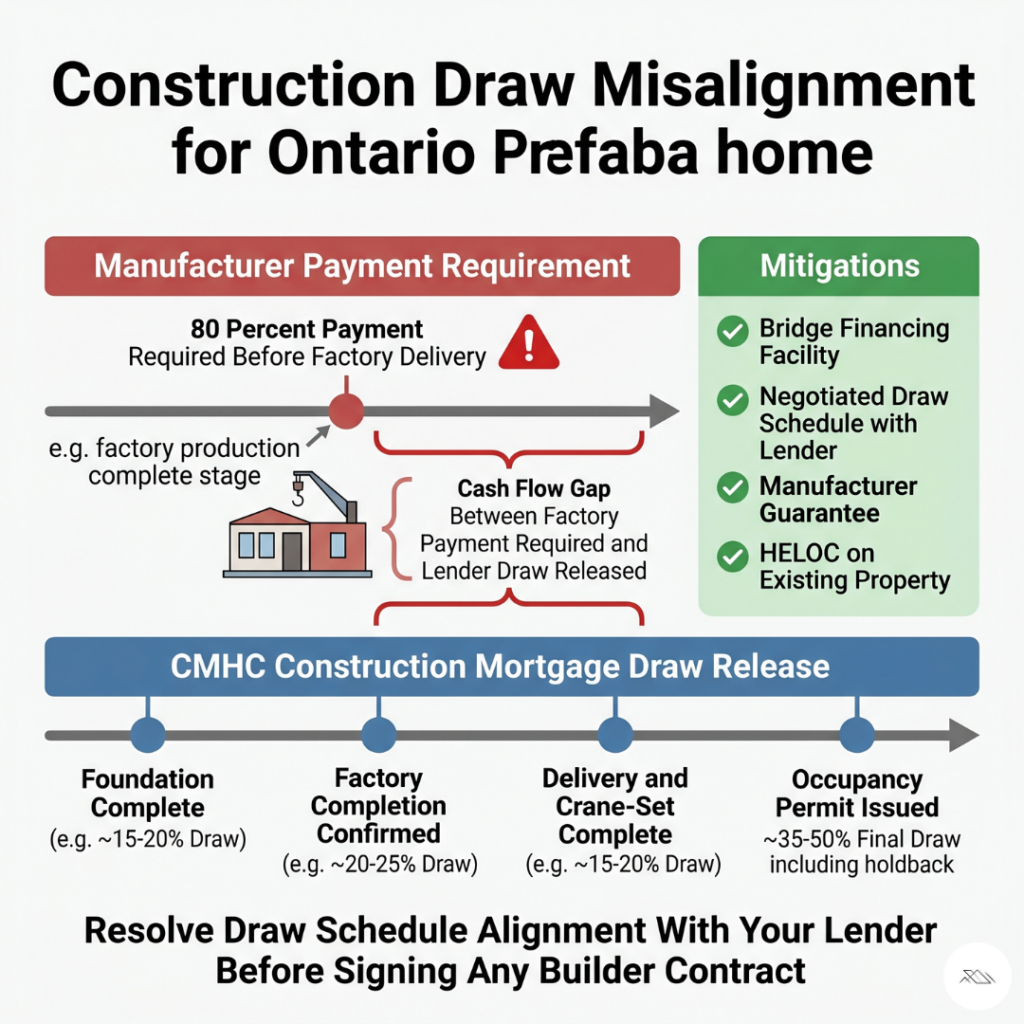Prefab home builders Ontario CMHC construction mortgage draw misalignment timeline infographic showing modular manufacturer requiring 80 percent payment before factory delivery versus CMHC insured construction mortgage releasing funds incrementally against on-site milestones foundation complete factory completion confirmed delivery crane-set complete and occupancy permit issued creating cash flow gap requiring bridge financing negotiated draw schedule manufacturer deposit guarantee or HELOC mitigation