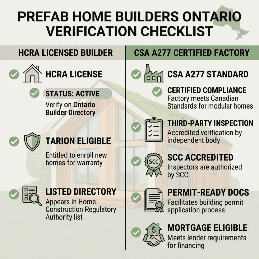 Prefab home builders Ontario verification checklist showing HCRA licensed builder requirement and CSA A277 certified factory confirmation steps needed for mortgage eligibility Tarion warranty coverage and Ontario building permit approval 2026