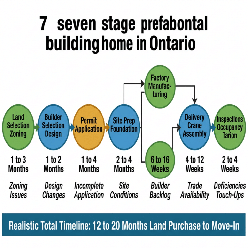 Prefab home builders Ontario seven stage building process timeline showing Stage 1 land selection zoning confirmation one to three months Stage 2 builder selection design contract one to two months Stage 3 building permit application one to four months Stage 4 site preparation foundation two to four months Stage 5 factory manufacturing CSA A277 inspection six to sixteen weeks Stage 6 delivery crane placement on-site assembly four to twelve weeks Stage 7 final inspections occupancy permit Tarion enrollment two to four weeks with total realistic timeline twelve to twenty months Ontario 2026