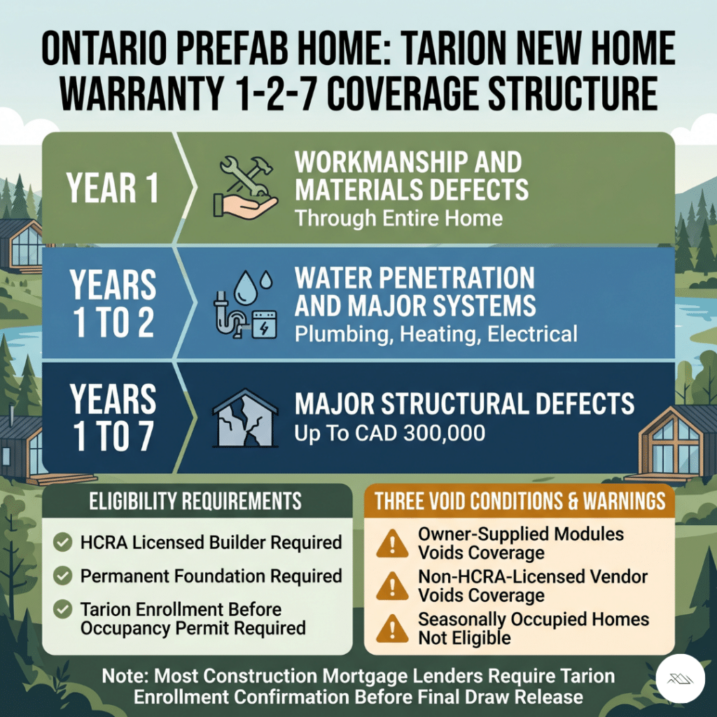 Prefab home builders Ontario Tarion new home warranty 1-2-7 coverage structure infographic showing Year 1 workmanship and materials defects Year 2 water penetration and major systems including plumbing heating and electrical Years 3 to 7 major structural defects coverage up to CAD $300,000 with three void conditions owner-supplied modules non-HCRA-licensed vendor and seasonally occupied homes