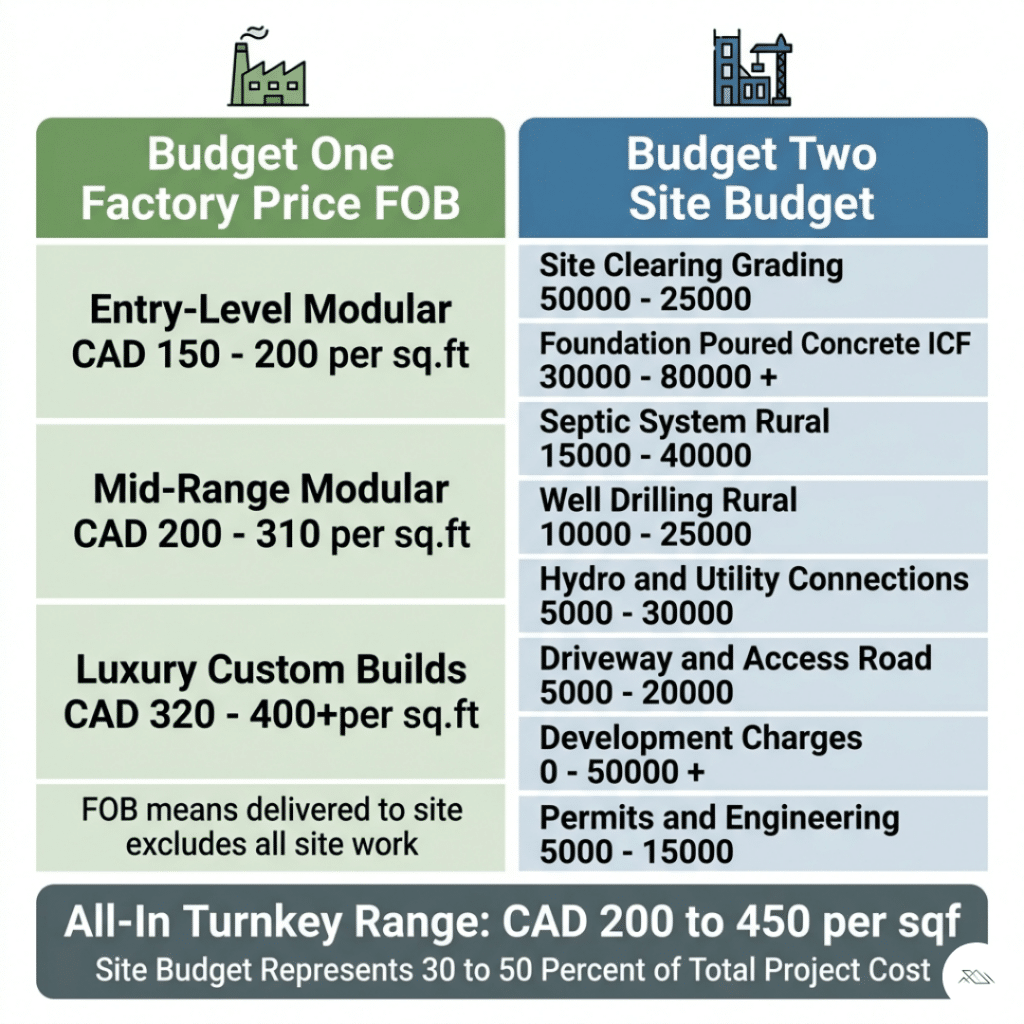 Prefab home builders Ontario two-budget framework infographic showing Budget One factory price FOB modular home CAD $150 to $400 per square foot excluding foundation site work and permits versus Budget Two site budget CAD $50,000 to $150,000 covering foundation septic well hydro driveway development charges and permits with combined all-in turnkey range CAD $200 to $450 per square foot for Ontario prefab home projects 2026