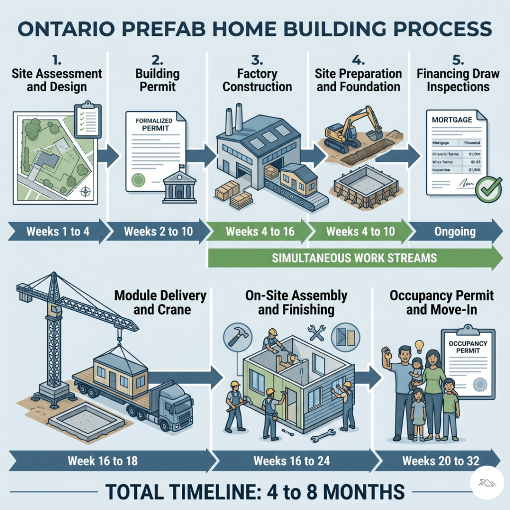 Prefab home building process Ontario eight stages showing Stage 1 site assessment Stage 2 building permit Stage 3 factory construction Stage 4 site preparation and foundation Stage 5 financing draw inspections Stage 6 module delivery and crane Stage 7 on-site assembly and finishing Stage 8 inspections and occupancy permit with Stages 3 4 and 5 shown as simultaneous parallel work streams