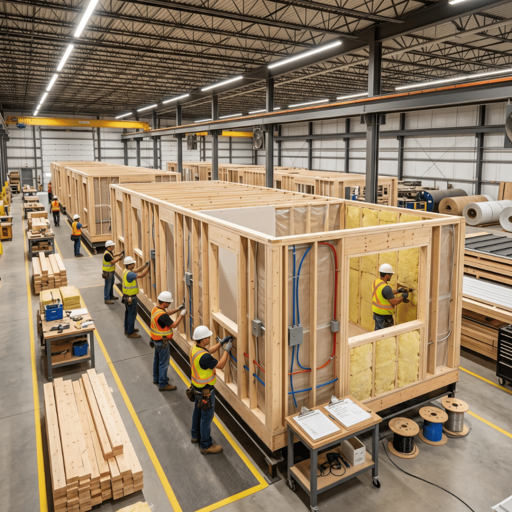 Prefab home building process Ontario factory construction stage showing prefab home module being built in CSA-A277 certified climate-controlled manufacturing facility with wall panels roof panels and interior framing visible on assembly line production floor with quality control inspection in progress
