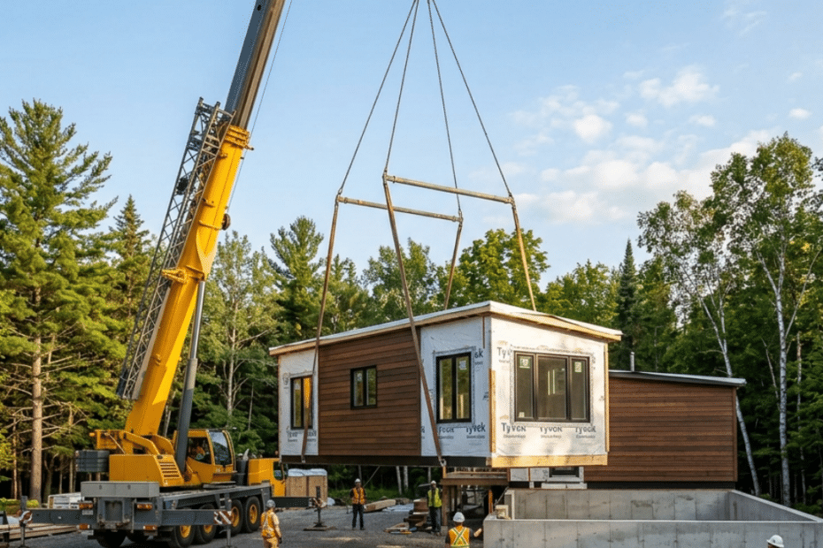 Prefab home building process Ontario module delivery and crane installation showing factory-built home modules being lowered onto permanent foundation by crane at Ontario building site with completed modular home visible in background representing eight stage construction process