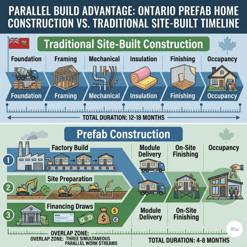Prefab home building process Ontario parallel build advantage showing factory construction and site preparation occurring simultaneously in Stages 3 4 and 5 compressing total project timeline to four to eight months compared to twelve to eighteen month sequential site-built construction timeline