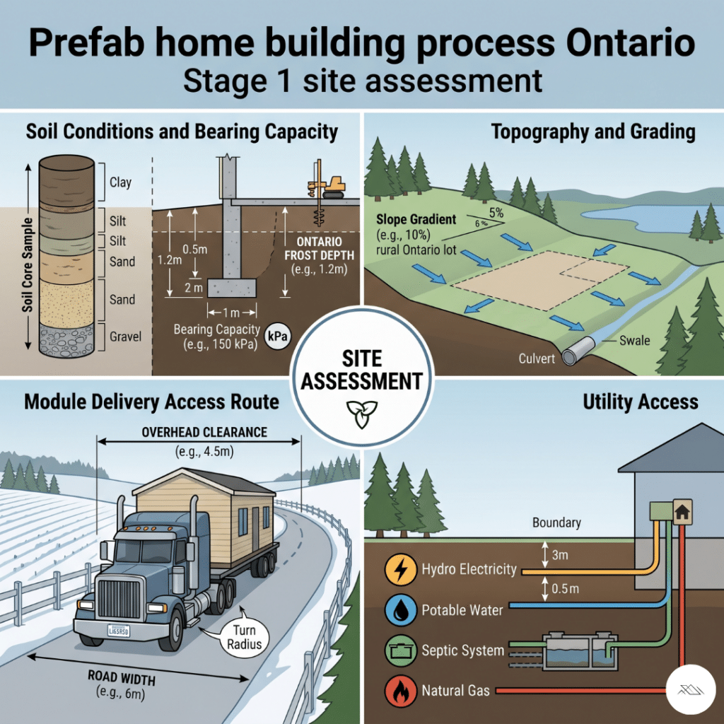 Prefab home building process Ontario Stage 1 site assessment showing four key variables evaluated before design finalization including soil conditions and bearing capacity, topography and grading slope levels, module delivery access route assessment for rural Ontario lot, and utility access availability for water septic hydro connections