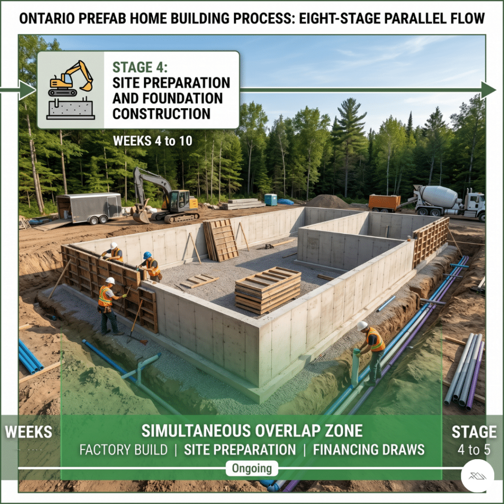 Prefab home building process Ontario Stage 4 site preparation and foundation construction showing poured concrete permanent foundation with formwork on Ontario rural building site with excavated site grading and utility trenching visible representing simultaneous parallel build stage occurring during factory construction