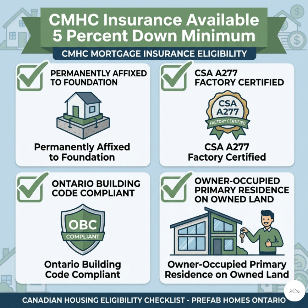 Prefab home financing Ontario CMHC insurance eligibility four criteria checklist showing permanent foundation affixation, CSA A277 factory certification, Ontario Building Code compliance, and owner-occupied primary residence on owned land required for 5 percent down CMHC insured mortgage