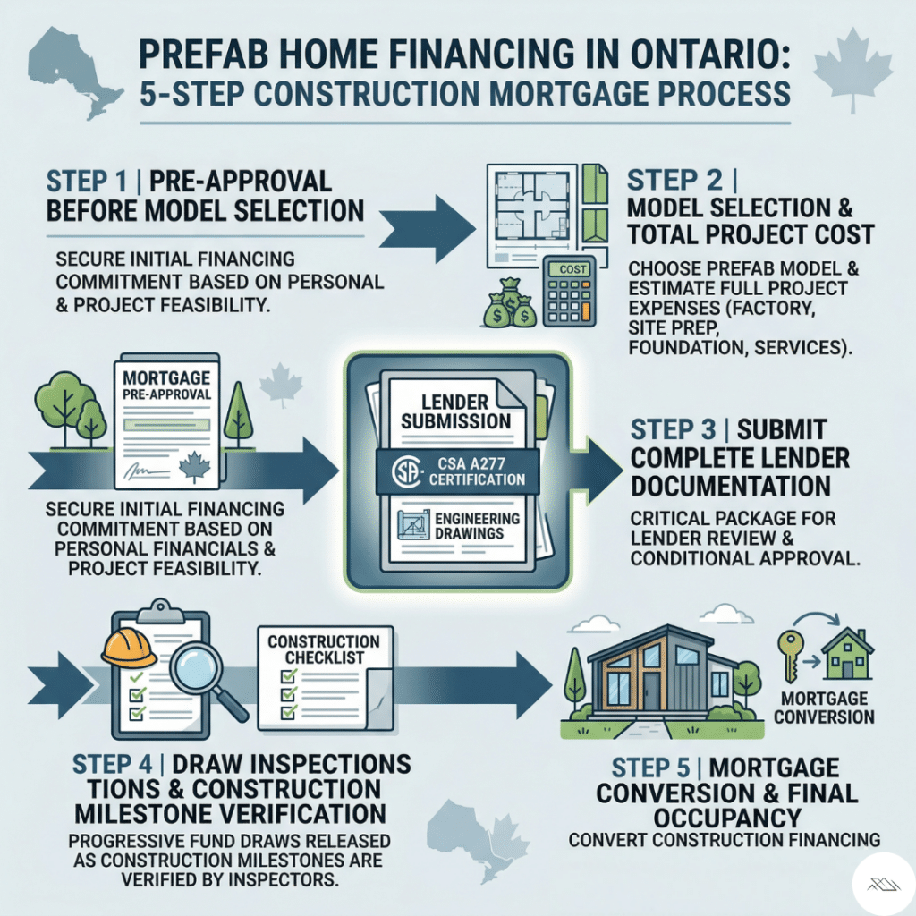 Prefab home financing Ontario five step process showing Step 1 pre-approval before model selection, Step 2 model selection and total project cost confirmation, Step 3 complete lender documentation submission, Step 4 draw inspections and construction milestone verification, Step 5 mortgage conversion and final occupancy
