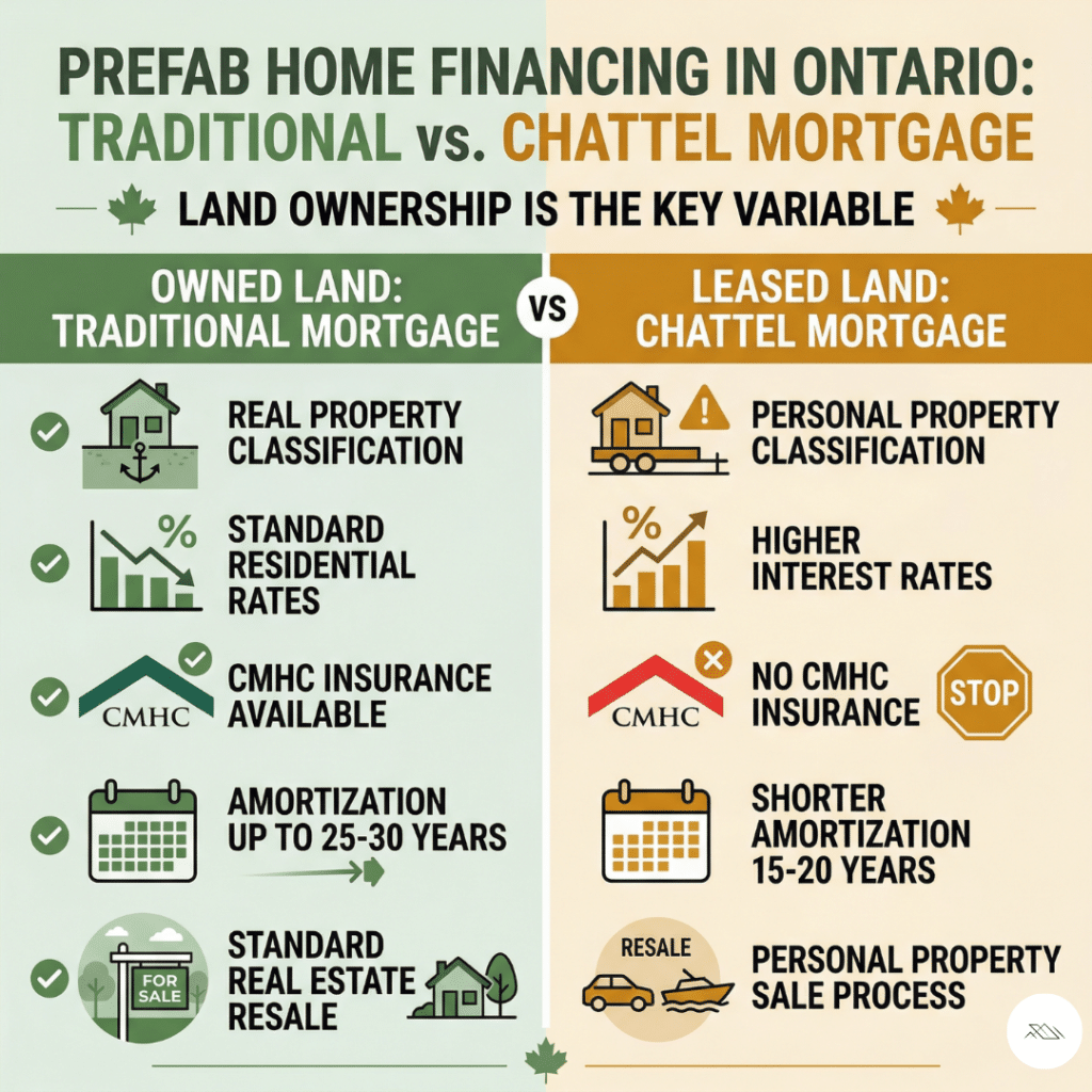 Prefab home financing Ontario traditional mortgage versus chattel mortgage comparison showing owned land produces real property classification standard residential rates CMHC eligibility and standard resale while leased land produces personal property classification higher rates no CMHC and restricted resale
