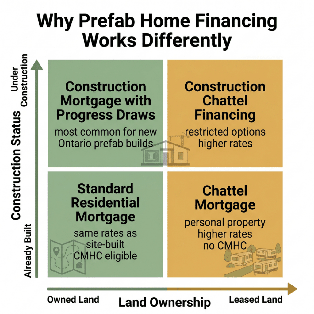 Prefab home financing Ontario two variables determining financing pathway showing under construction versus already built on vertical axis and owned land versus leased land on horizontal axis producing four distinct financing outcomes construction mortgage standard residential mortgage CMHC eligible chattel mortgage