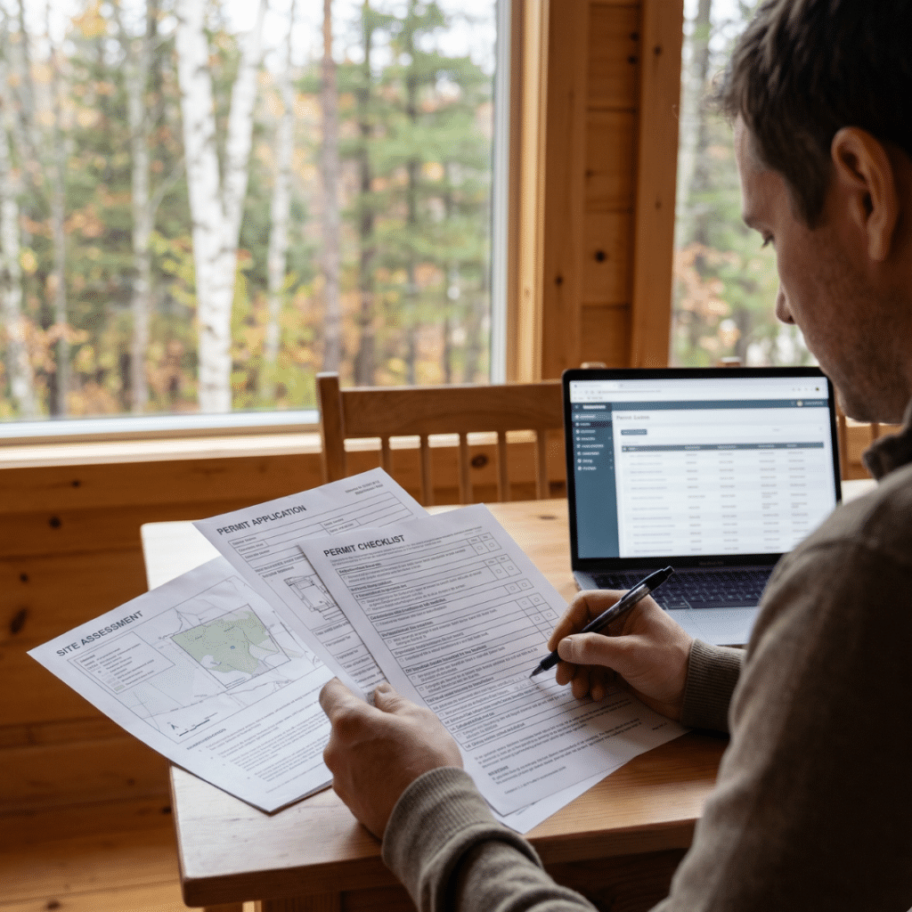 Prefab home permits Muskoka document review of permit application checklist and site assessment at planning stage with Muskoka treeline visible through window representing multi-step approval process before land purchase
