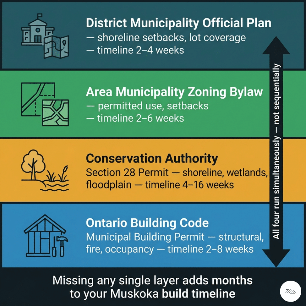 Prefab home permits Muskoka four layer approval framework infographic showing District Municipality Official Plan area municipality zoning bylaw Conservation Authority Section 28 permit and Ontario Building Code municipal building permit running simultaneously not sequentially 2026