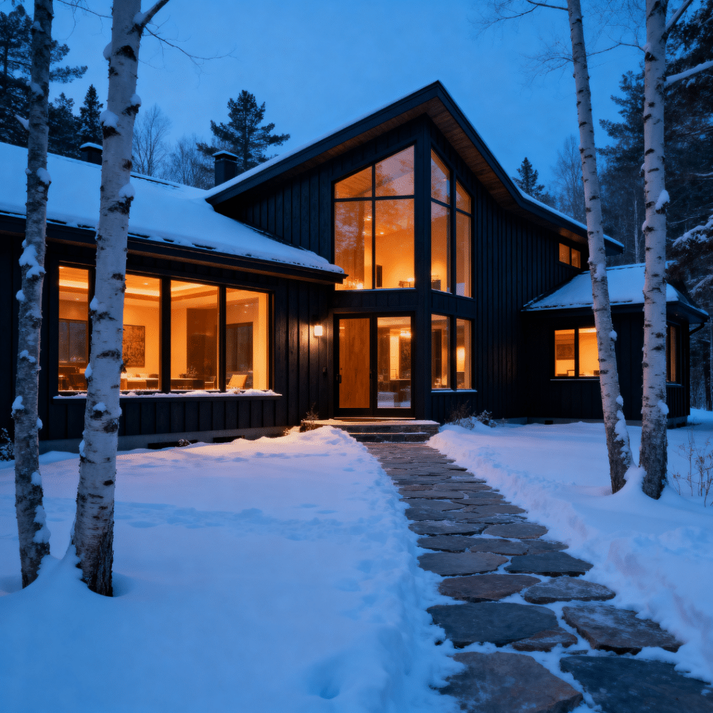 Prefab home permits Muskoka winter exterior of completed OBC compliant modular home with snow-covered roof cleared entry path and warm interior lighting showing year-round occupancy in Climate Zone 6 2026
