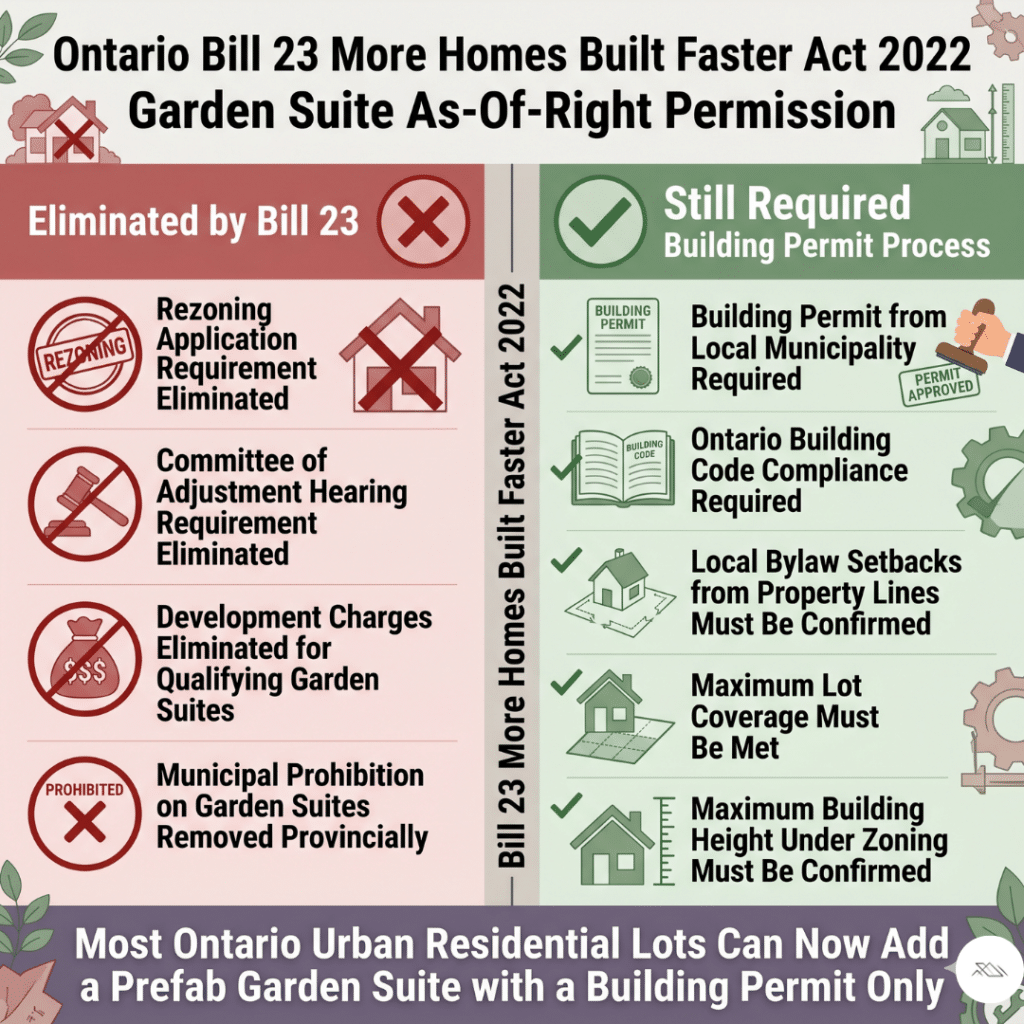 Prefab home permits Ontario Bill 23 More Homes Built Faster Act garden suite as-of-right permission comparison showing what Bill 23 eliminated including rezoning application requirement Committee of Adjustment hearing requirement development charges for qualifying accessory residential units and municipal prohibition on garden suites versus what building permit process still requires including building permit from local municipality Ontario Building Code compliance local bylaw setbacks lot coverage and building height confirmation