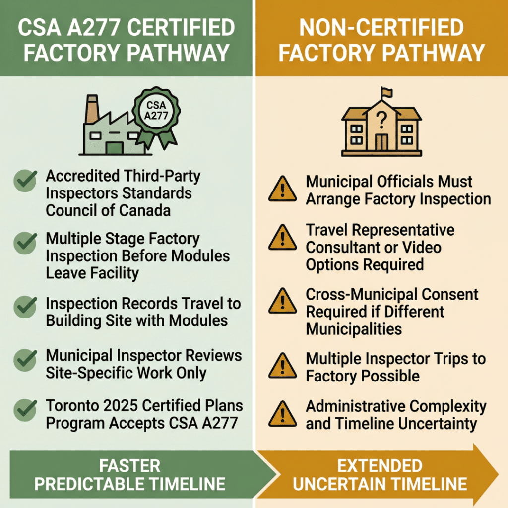 Prefab home permits Ontario CSA A277 certified factory inspection pathway versus non-certified municipally-led inspection pathway comparison showing accredited Standards Council of Canada third-party inspector process producing permit-ready documentation for municipal building official versus complex municipal official travel appointment representative or video inspection requirement adding weeks of administrative complexity and timeline uncertainty to Ontario building permit approval
