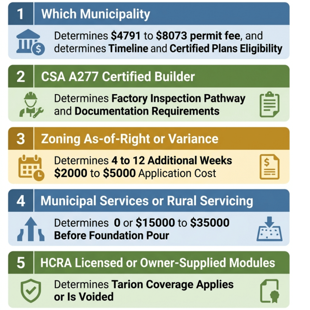 Prefab home permits Ontario five pre-application decisions framework showing Decision 1 which municipality determines permit fee $4,791 to $8,073 and timeline Decision 2 CSA A277 certified builder determines factory inspection pathway and weeks of timeline Decision 3 zoning as-of-right or variance determines four to twelve additional weeks and $2,000 to $5,000 Decision 4 municipal services or rural servicing determines zero or $15,000 to $35,000 Part 8 septic costs Decision 5 HCRA licensed full service or owner supplied modules determines Tarion warranty coverage applicability each with financial consequence stated