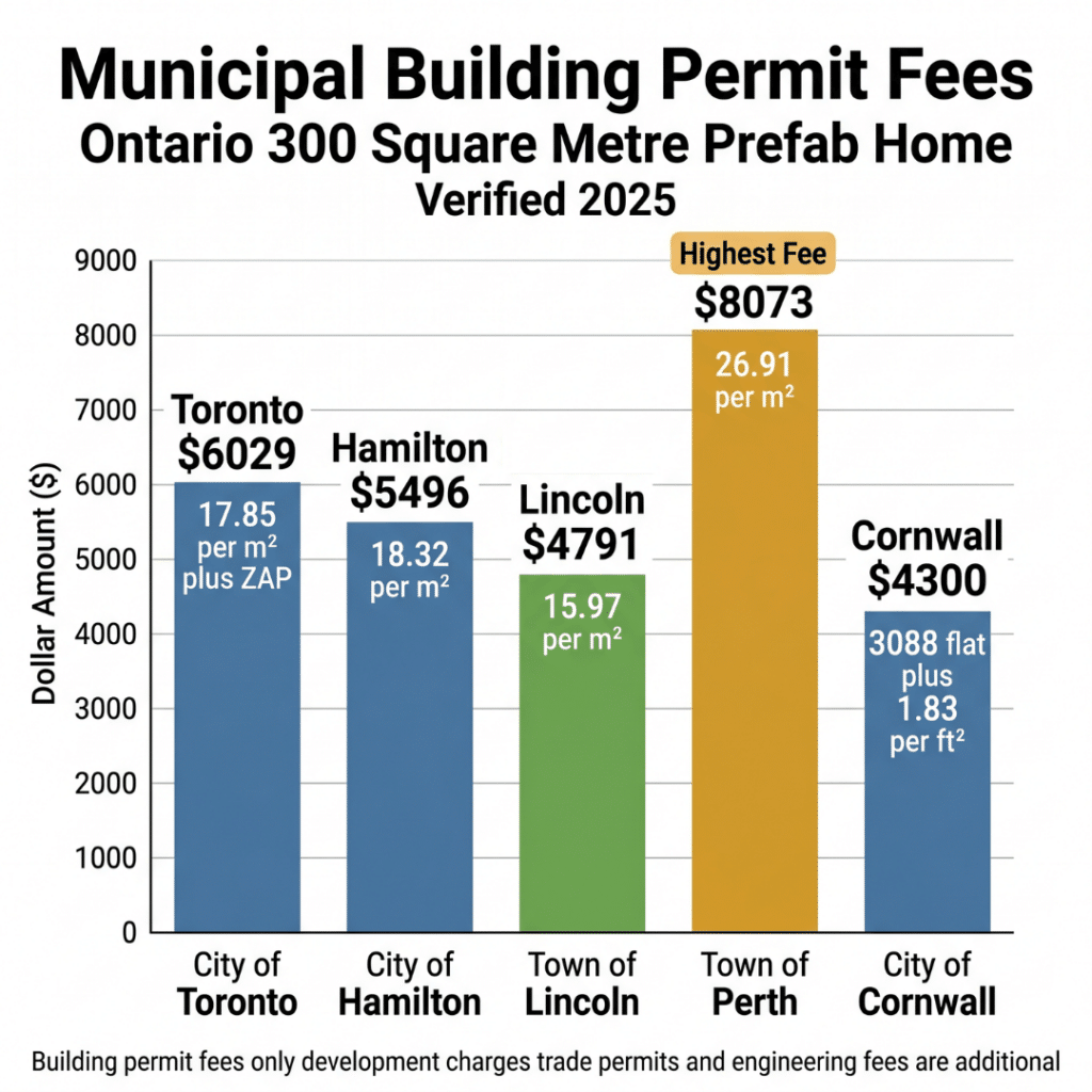 Prefab home permits Ontario municipal building permit fee comparison bar chart showing verified 2025 fee data for City of Toronto approximately $6,029 City of Hamilton approximately $5,496 Town of Lincoln approximately $4,791 lowest fee Town of Perth approximately $8,073 highest fee and City of Cornwall approximately $4,300 on a standard 300 square metre prefab home with note that building permit fees only excludes development charges trade permits and engineering fees