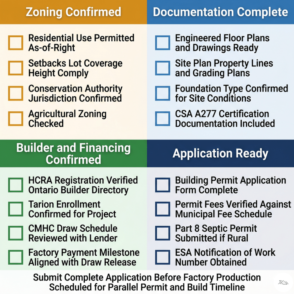 Prefab home permits Ontario complete pre-submission building permit checklist four categories showing Zoning Confirmed with residential use permitted setbacks lot coverage Conservation Authority jurisdiction and agricultural zoning checked Documentation Complete with engineered floor plans site plan foundation type and CSA A277 certification Builder and Financing Confirmed with HCRA registration Tarion enrollment CMHC draw schedule and factory payment alignment Application Ready with permit application form permit fees Part 8 septic and ESA notification