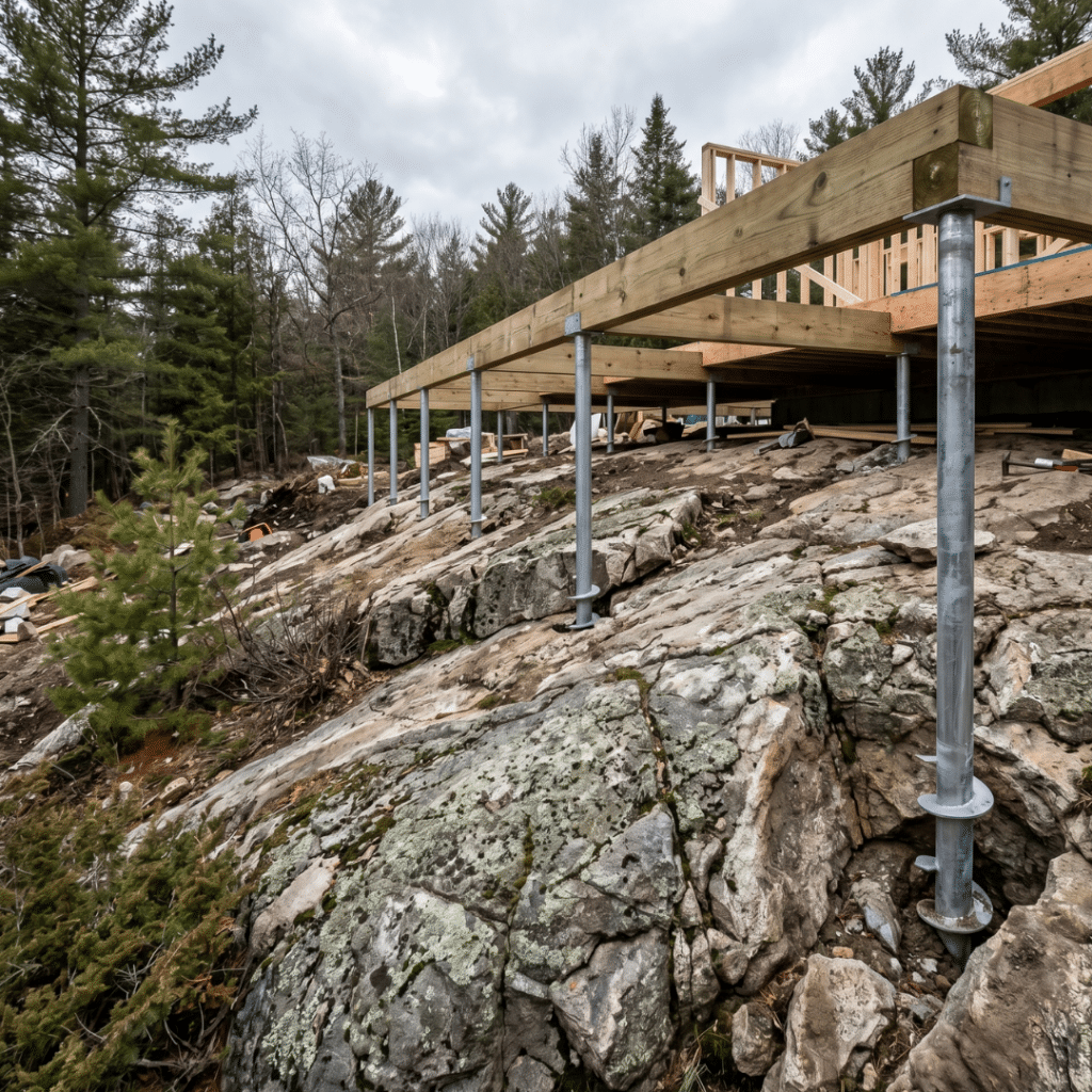 Helical pier foundation installed into exposed Canadian Shield granite bedrock on rural Bracebridge Ontario lot showing steel screw piles anchored in rock with pressure-treated beam supporting prefab home structure