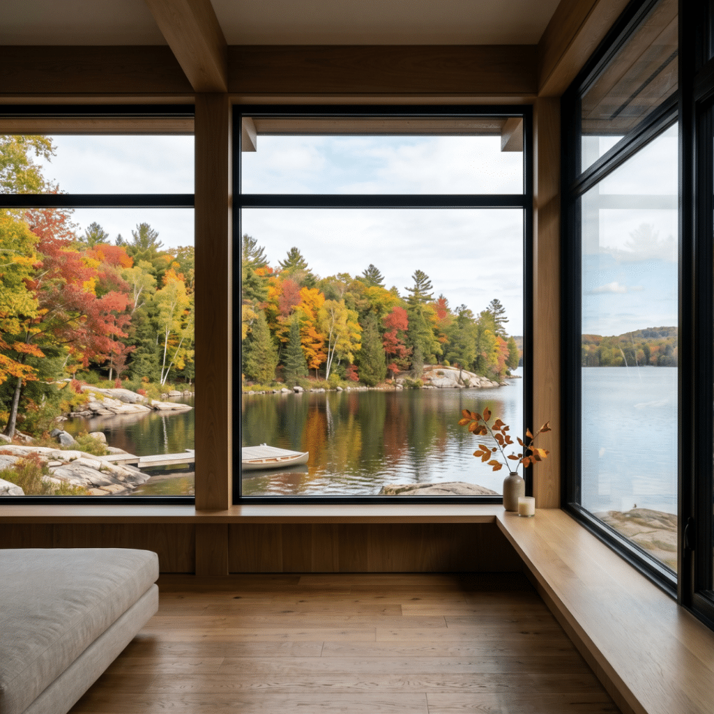 Prefab homes Bracebridge Ontario interior with floor-to-ceiling windows overlooking Lake Muskoka showing white oak flooring and autumn forest view demonstrating four-season build quality