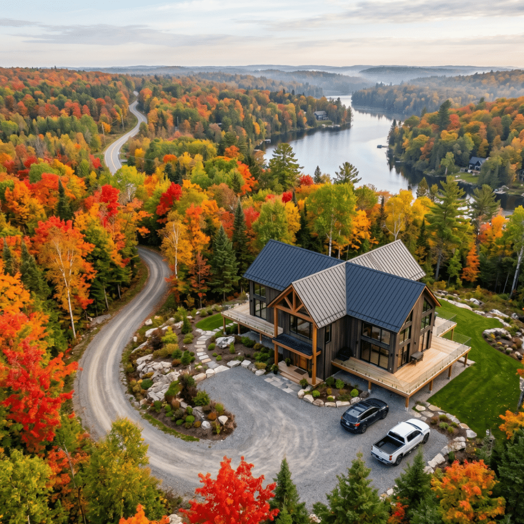 Prefab homes Bracebridge Ontario aerial drone view showing modern prefab house on accessible Muskoka lot with gravel driveway through forest near Muskoka River in autumn demonstrating Highway 11 delivery access