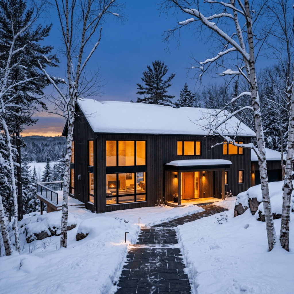 Prefab homes Bracebridge Ontario winter exterior of four-season modular home with snow covered roof cleared walkway and warm interior light glowing through large windows demonstrating year-round living in Muskoka