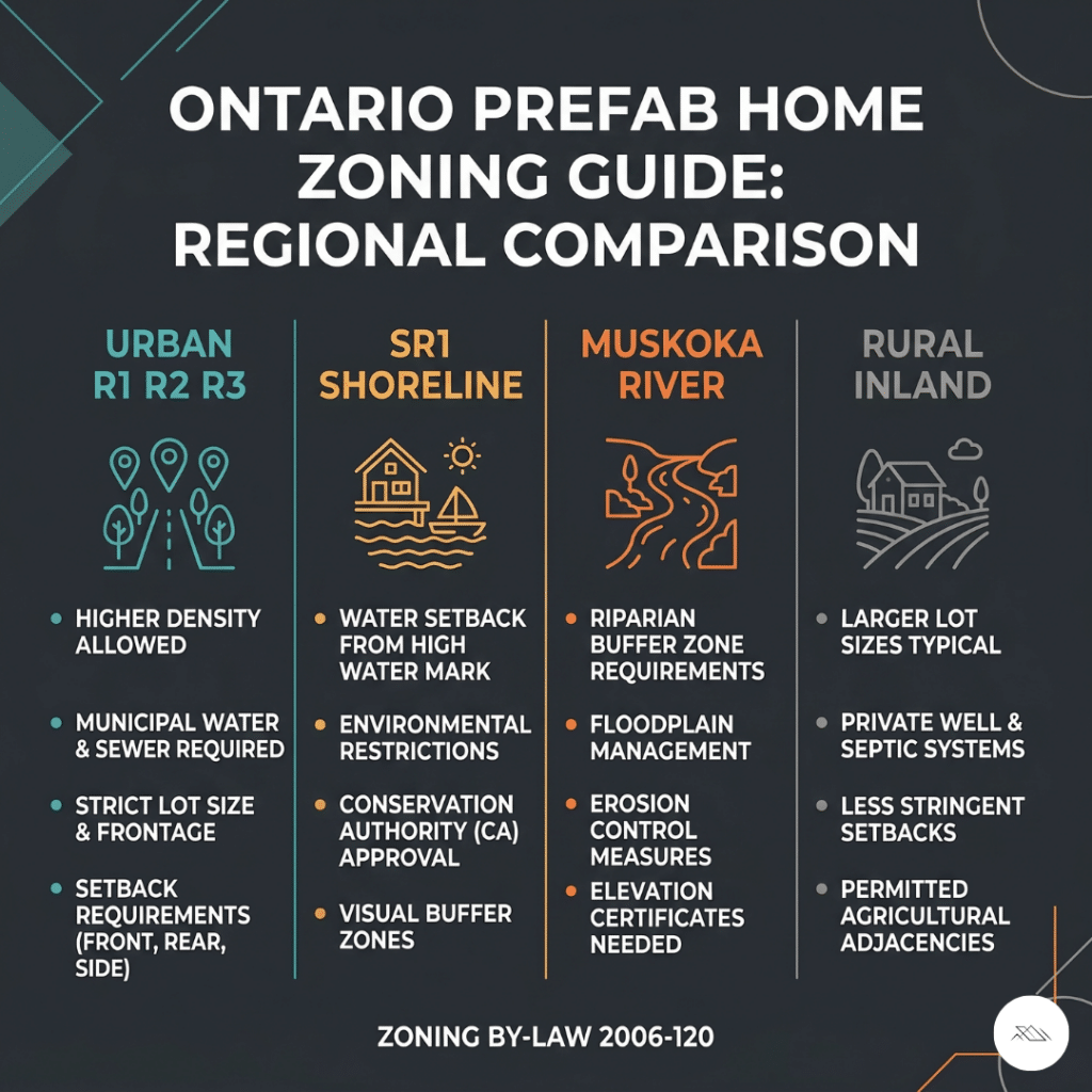 Prefab homes Bracebridge zoning comparison infographic showing urban R1 R2 R3 SR1 shoreline Muskoka River and rural inland lot types with setbacks permitting requirements and site cost implications