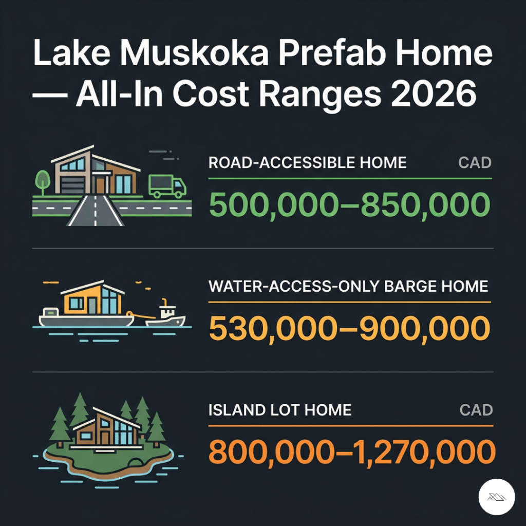 Prefab homes Lake Muskoka all-in cost ranges 2026 infographic showing road-accessible CAD 500000 to 850000 water-access CAD 530000 to 900000 and island lot CAD 800000 to 1270000 by lot type