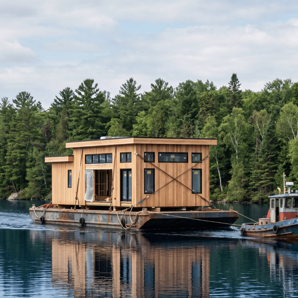 Prefab homes Lake Muskoka barge delivery showing modular home section transported across lake to water-access-only lot for crane-set installation Ontario 2026