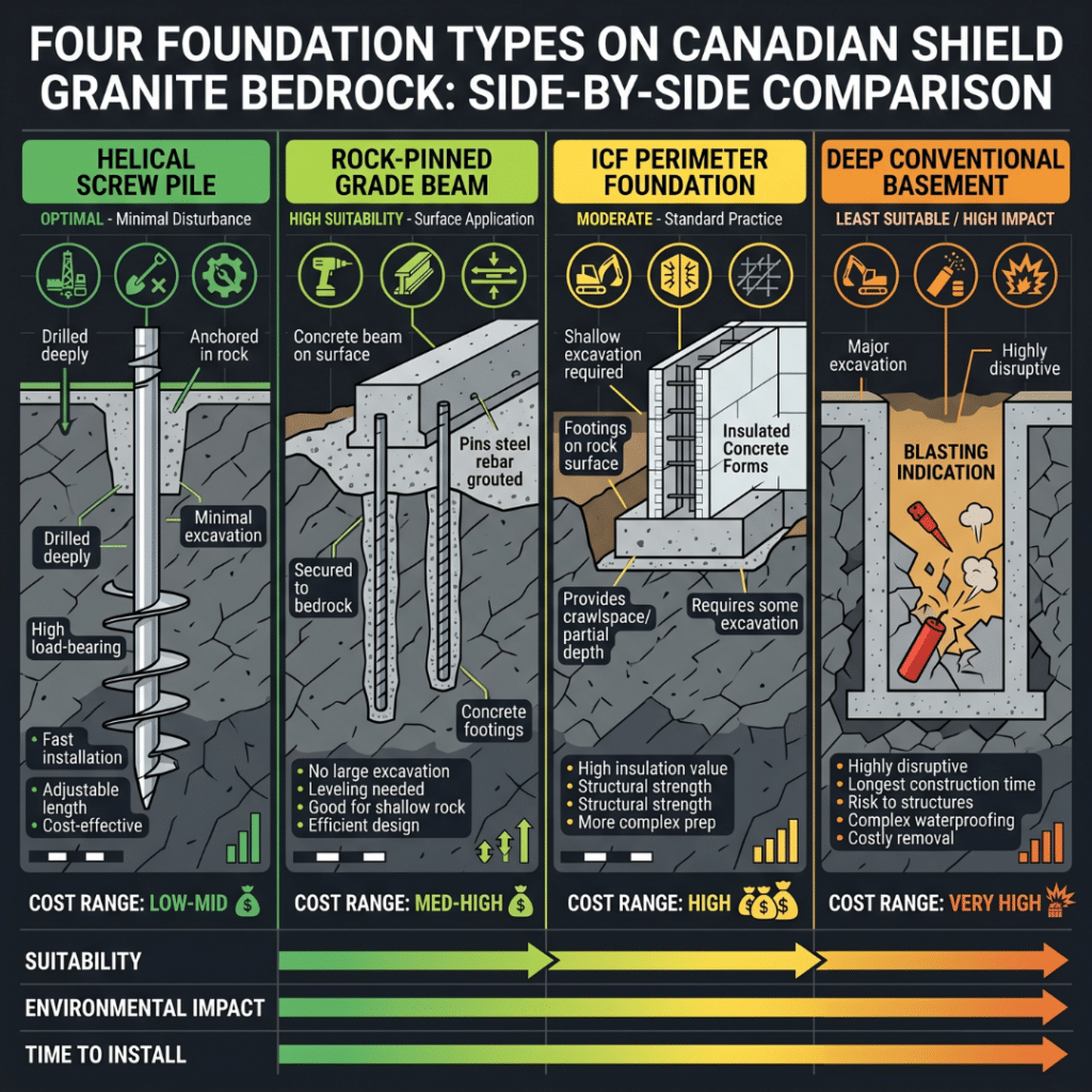 Prefab homes Lake Muskoka foundation comparison infographic showing helical pier, rock-pinned grade beam, ICF perimeter, and conventional basement options on Canadian Shield bedrock with cost ranges and excavation impact 2026